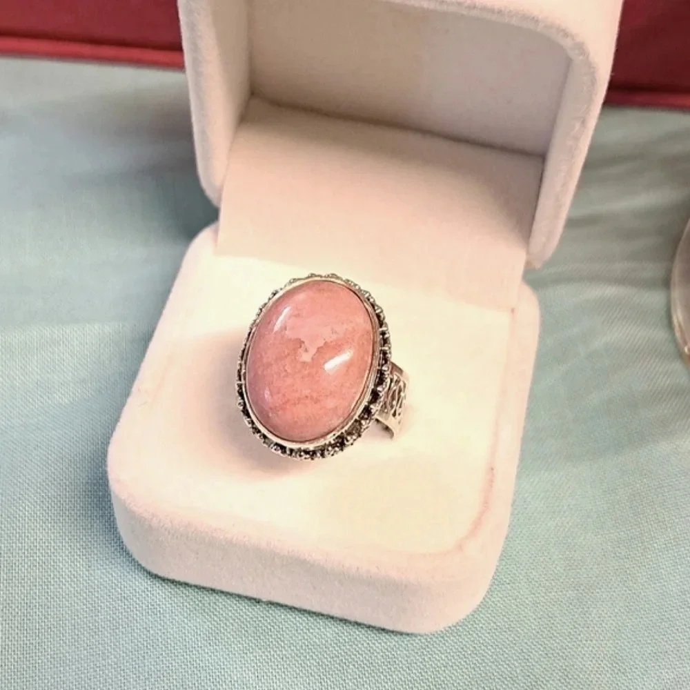 Norwegian Thulite Solitaire Ring In 925 Sterling Silver.